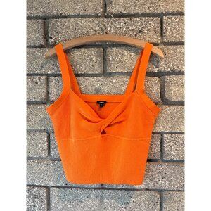 Orange Ribbed Knit Cropped Tank Top With Twist Front Detail & Wide Straps